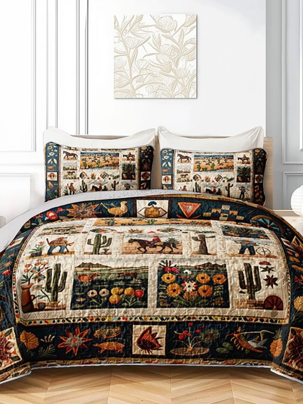 Western Wrangler Brown Horses Quilts Bedding King 3Pcs Chic Desert Scenery